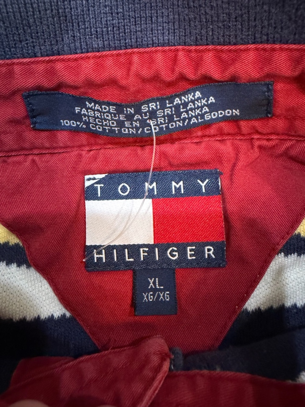Vintage 90s Y2K Tommy Hilfiger Navy, Red, Yellow & White Striped Polo Crest Logo - Picture 2 of 4